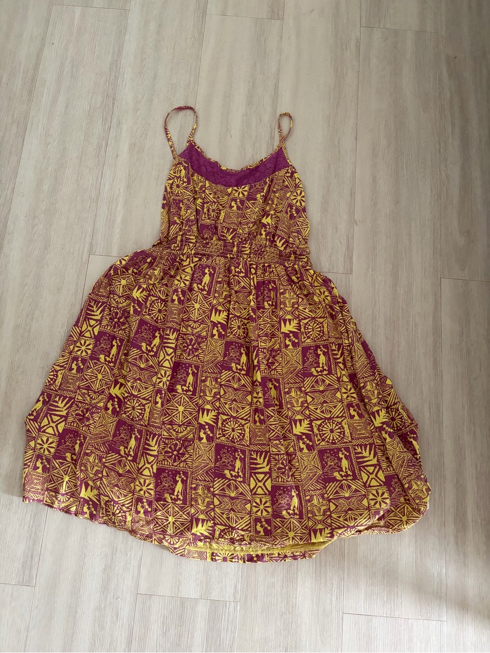 Spaghetti-Strap Burgundy and Mustard Printed Casual Dress
